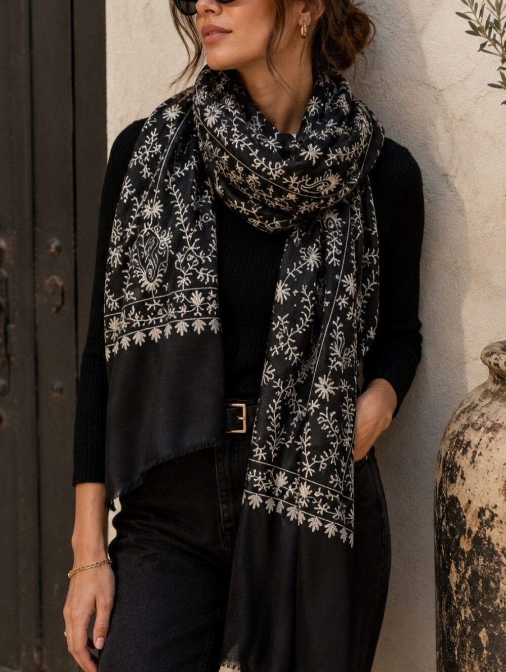 Black Embroidered Floral Oversized Shawl Scarf Wrap